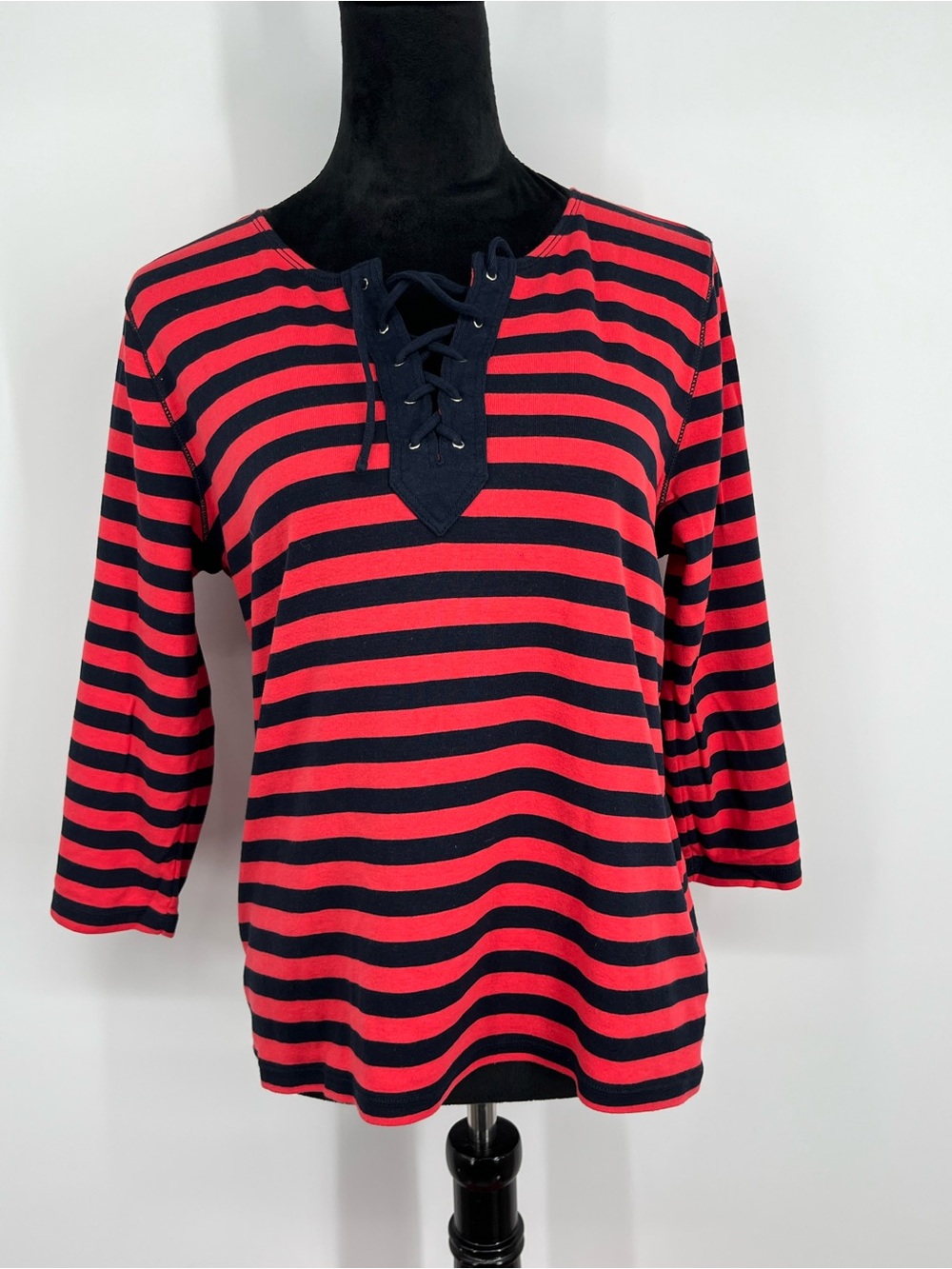 Chaps Red and Navy Striped Lace-Up Knit Top
